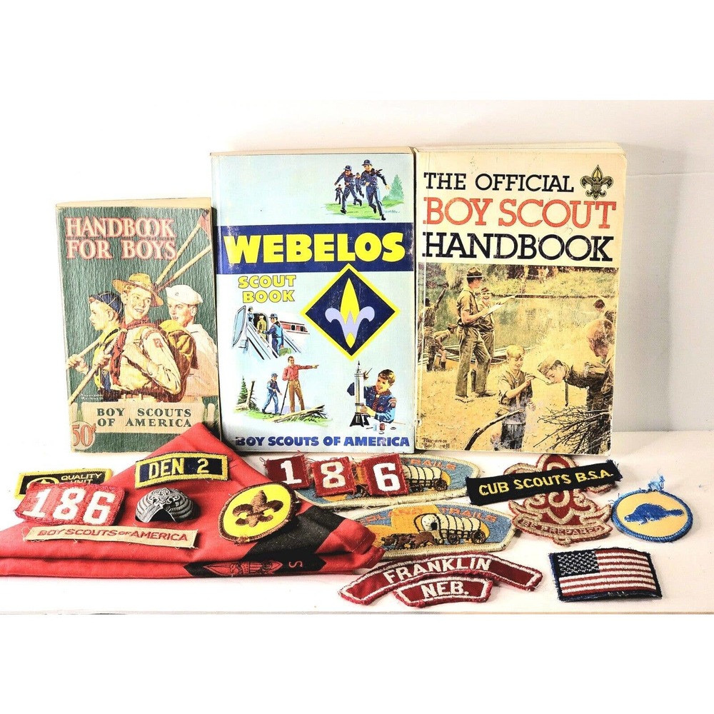 BOY SCOUTS of AMERICA Memorabilia Mix Lot Patches, Books, Handkerchief & Brooch